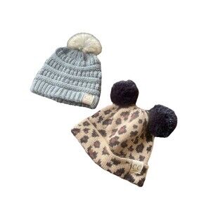 C. C Baby Pom Pom Beenie Hats Leopard Print And Solid Grey